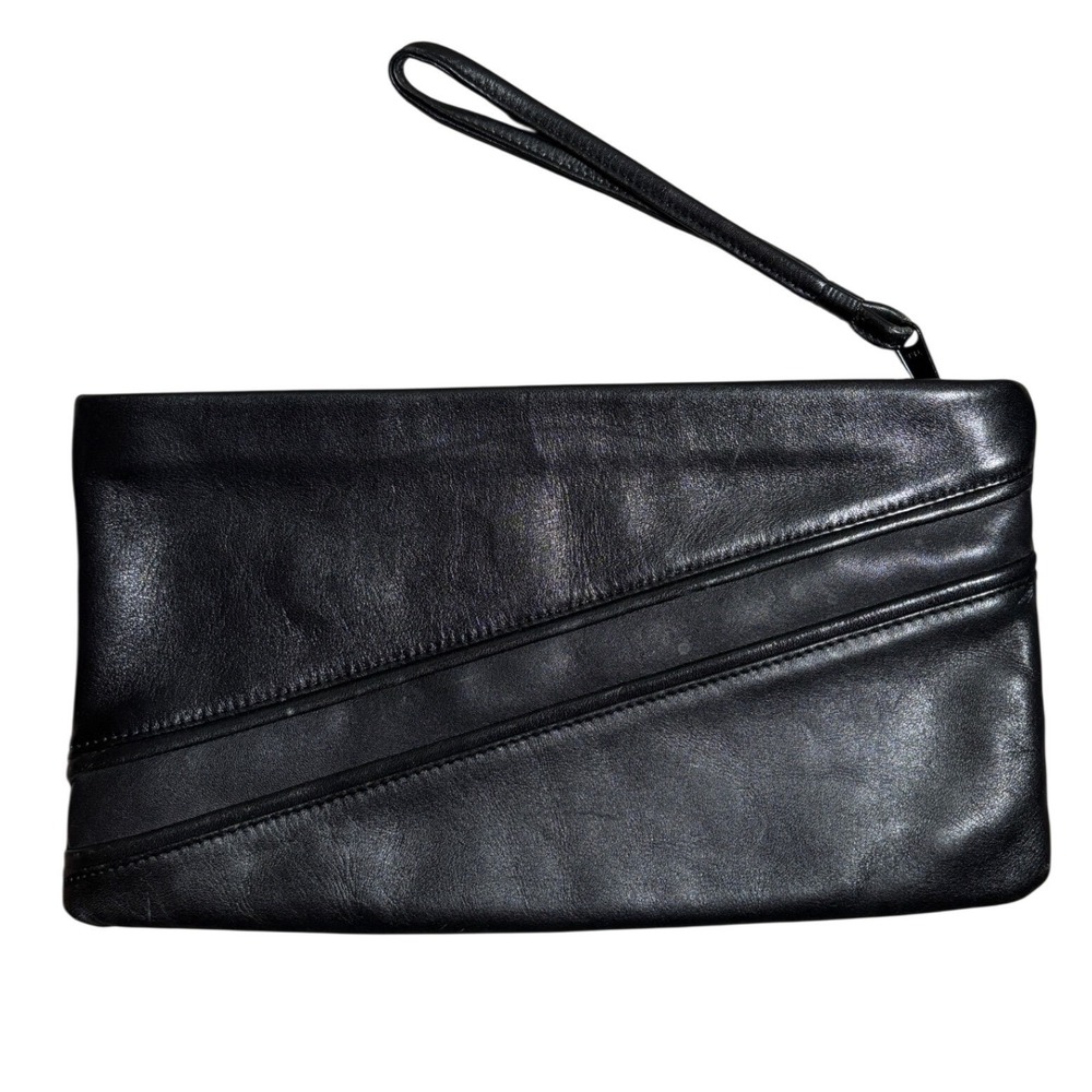 Vintage Black Genuine Leather‎ Wristlet Clutch Bag Diagonal Stitched Zip Korea